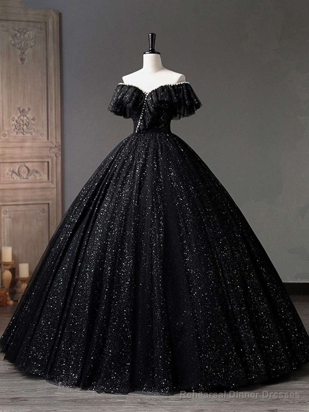 Black Tulle Long A-Line Prom Dress, Shiny Off Shoulder Evening Dress Secondary image