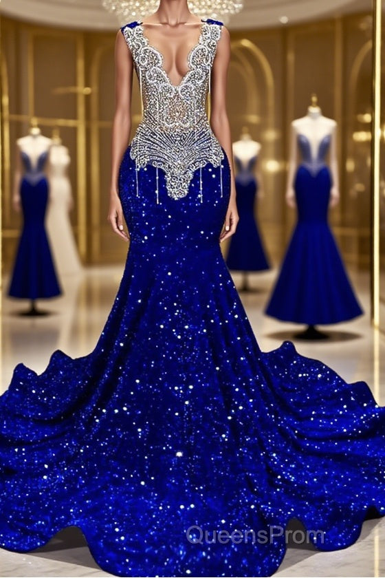 Royal Blue Sleeveless Mermaid Evening Prom Dress with Beadings and Sequins Main image
