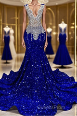 Royal Blue Sleeveless Mermaid Evening Prom Dress with Beadings and Sequins