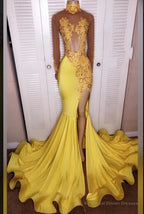 2025 Junoesque Yellow Split Mermaid/Trumpet Long Sleeve Satin Prom Dresses