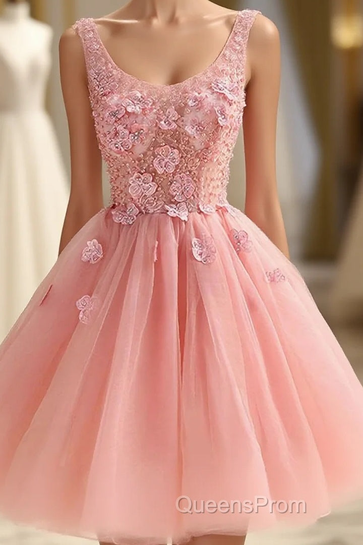 Cute A Line Pink Tulle Pearl Short Evening Prom Dress, Homecoming Dress Main image