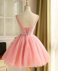 Cute A Line Pink Tulle Pearl Short Evening Prom Dress, Homecoming Dress