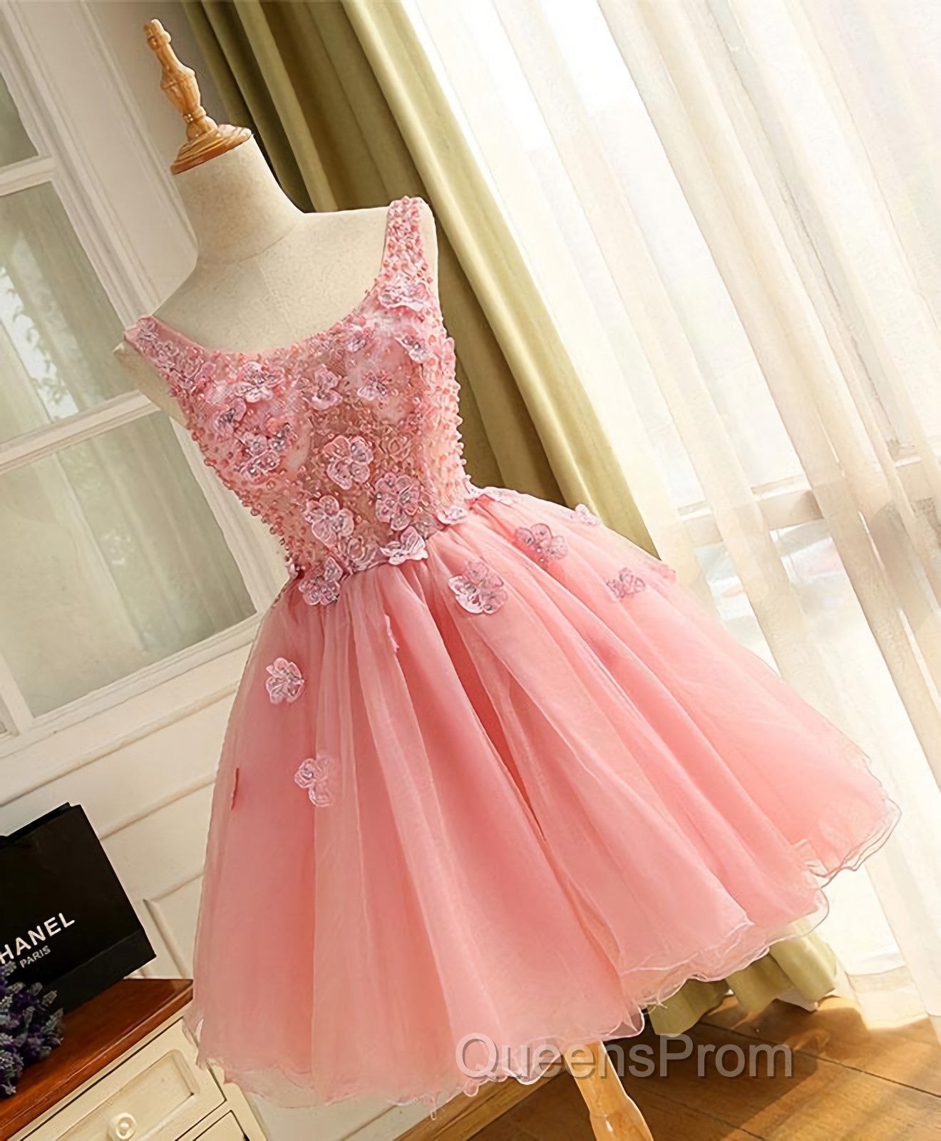 Cute A Line Pink Tulle Pearl Short Evening Prom Dress, Homecoming Dress Secondary image