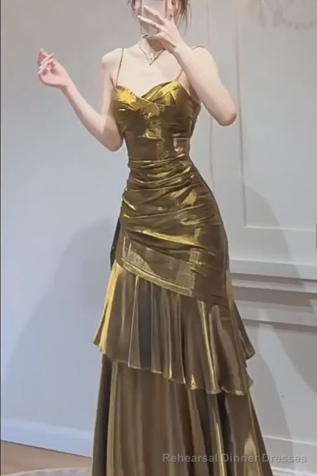 A-Line Gold Prom Dress features spaghetti straps Evening Dresses Main image