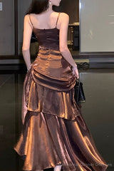 A-Line Brown Prom Dress features spaghetti straps Evening Dresses