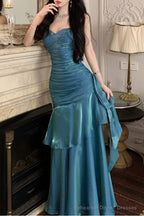A-Line Blue Prom Dress features spaghetti straps Evening Dresses