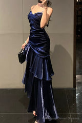 A-Line Dark Blue Prom Dress features spaghetti straps Evening Dresses