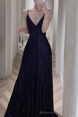 Spaghetti Strap V-Neck Prom Dress Glitter A-Line Maxi Dress