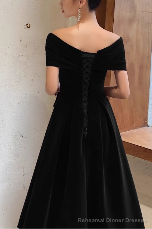 Simple V-neck Short-Sleeve Off Shoulder Long Prom Dress Black A-Line  Evening Dress