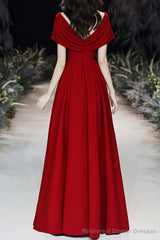 Simple V-neck Short-Sleeve Off Shoulder Long Prom Dress Red A-Line  Evening Dress