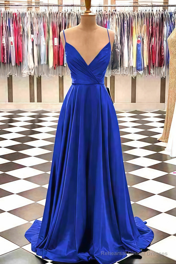 A-line V Neck Spaghetti Straps Sweep Train Charmeuse Prom Dresses With Pleated