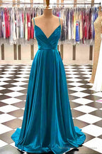 A-line V Neck Spaghetti Straps Sweep Train Charmeuse Prom Dresses With Pleated