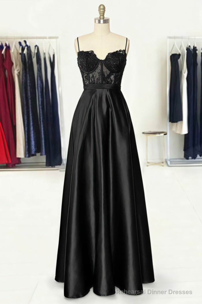 A-line Sweetheart Spaghetti Straps Long/Floor-Length Satin Prom Dresses With Appliqued Pockets Main image