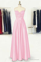 A-line Sweetheart Spaghetti Straps Long/Floor-Length Satin Prom Dresses With Appliqued Pockets