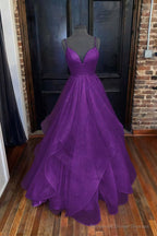 A-line Princess Sweetheart Sleeveless Long/Floor-Length Tulle Sparkling Prom Dresses