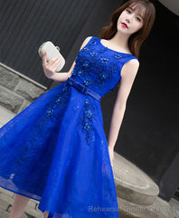 Royal Blue Lace A Line Short Prom Dress Evening Dress