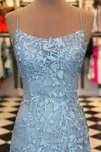 Blue Spaghetti Straps Backless Appliques Evening Prom Dress
