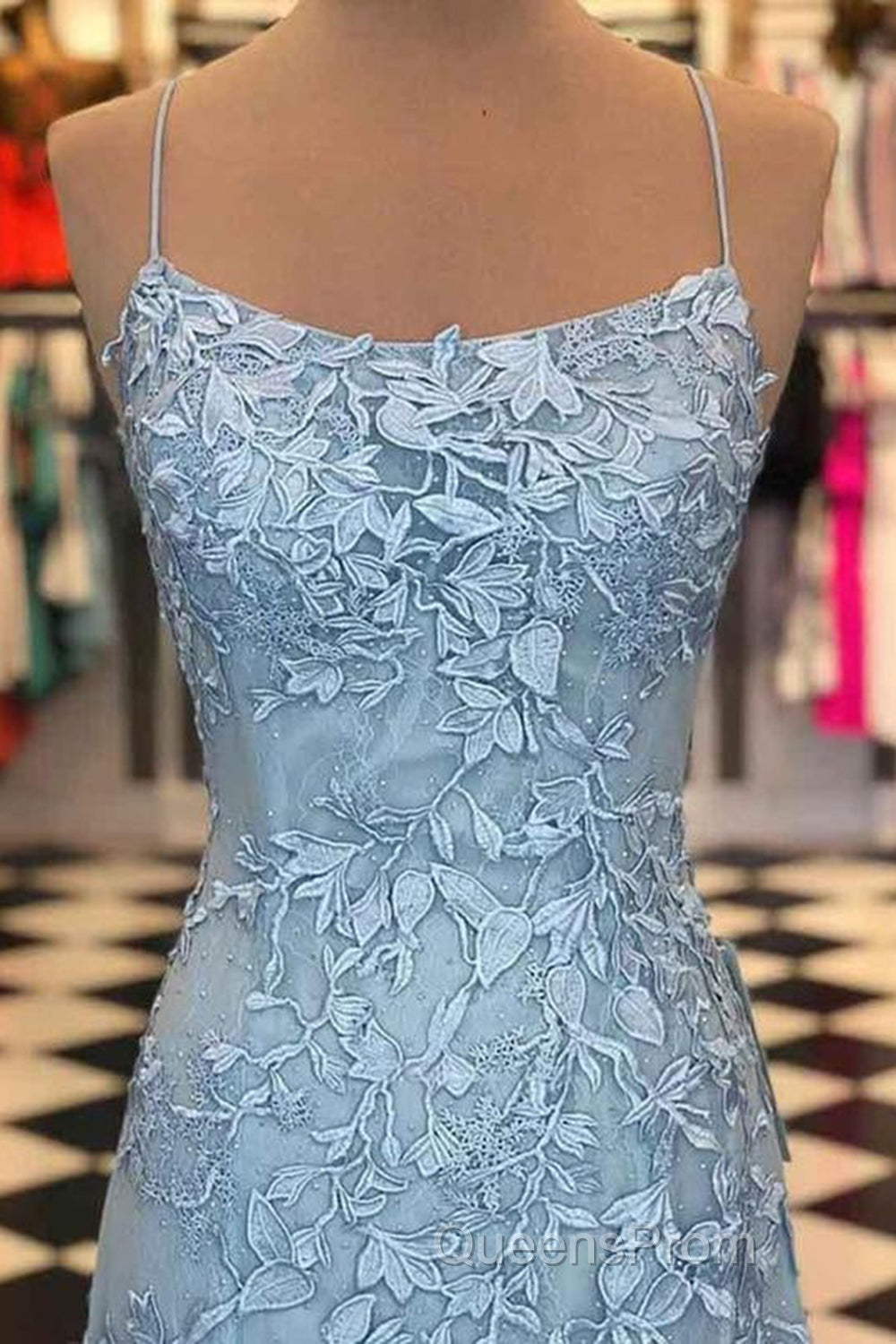 Blue Spaghetti Straps Backless Appliques Evening Prom Dress