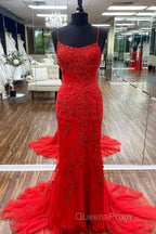 Blue Spaghetti Straps Backless Appliques Evening Prom Dress