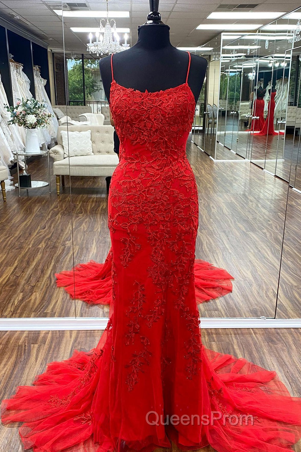 Blue Spaghetti Straps Backless Appliques Evening Prom Dress