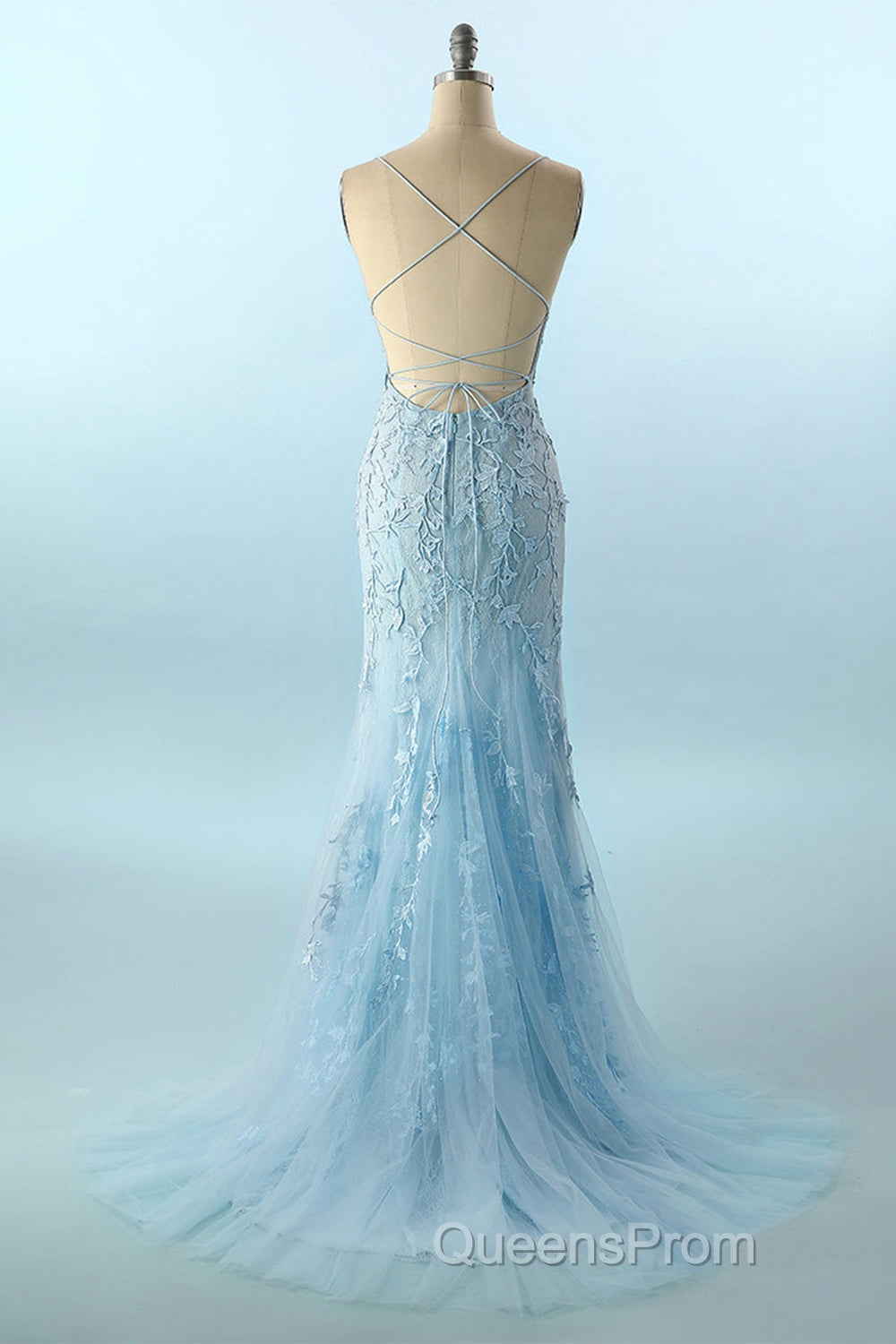 Blue Spaghetti Straps Backless Appliques Evening Prom Dress Secondary image