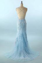 Blue Spaghetti Straps Backless Appliques Evening Prom Dress