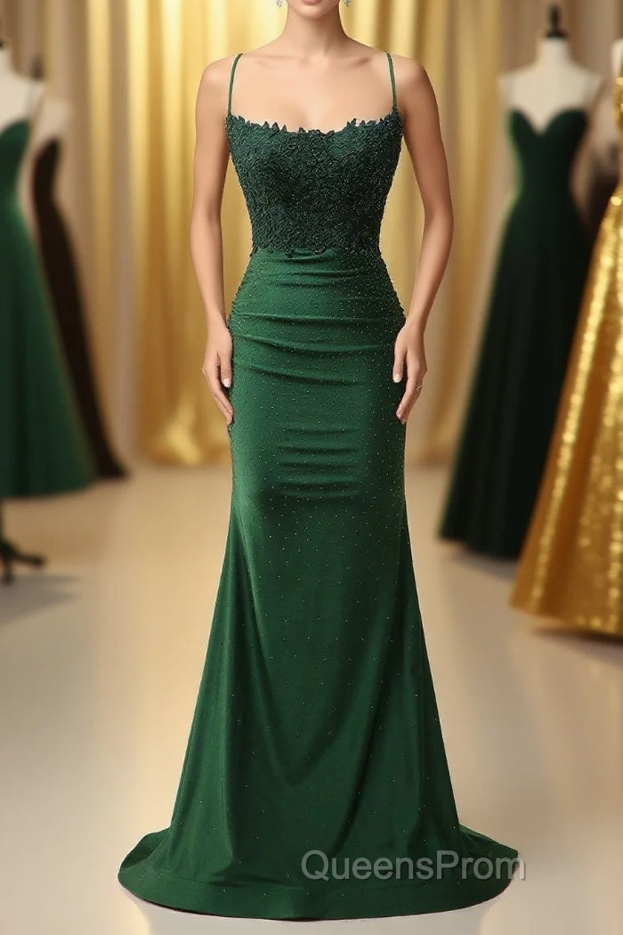 Sparkly Dark Green Beaded Long Evening Prom Dress with Appliques Main image