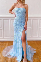 Pink Strapless Lace Long Prom Dress with Slit