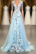 Modest Square Neckline Beading Appliques Sky Blue Long Evening Prom Dress Pageant Gown