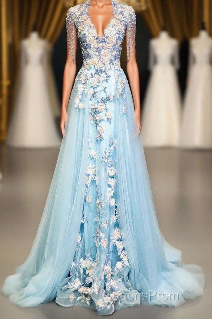 Modest Square Neckline Beading Appliques Sky Blue Long Evening Prom Dress Pageant Gown