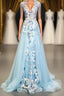 Modest Square Neckline Beading Appliques Sky Blue Long Evening Prom Dress Pageant Gown