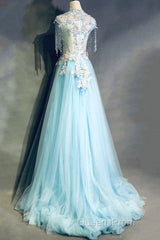 Modest Square Neckline Beading Appliques Sky Blue Long Evening Prom Dress Pageant Gown