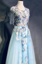 Modest Square Neckline Beading Appliques Sky Blue Long Evening Prom Dress Pageant Gown