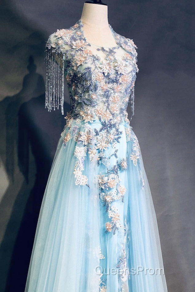 Modest Square Neckline Beading Appliques Sky Blue Long Evening Prom Dress Pageant Gown