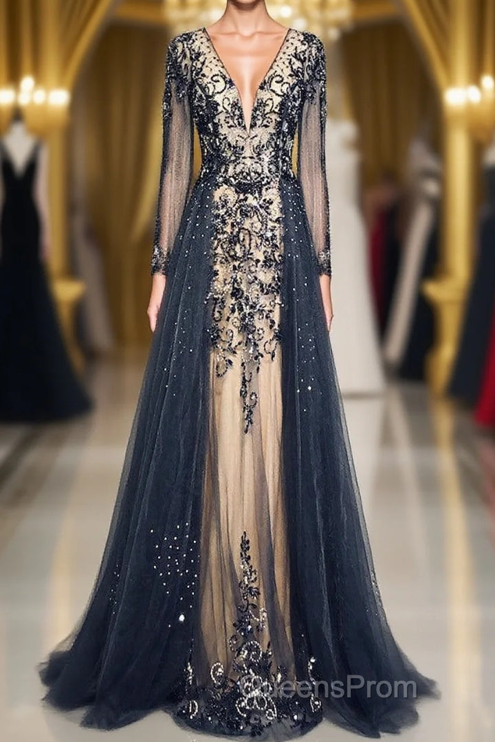 Luxury Long Sleeves V-neck Long Evening Prom Dress Overskirt Mother Formal Dress Main image