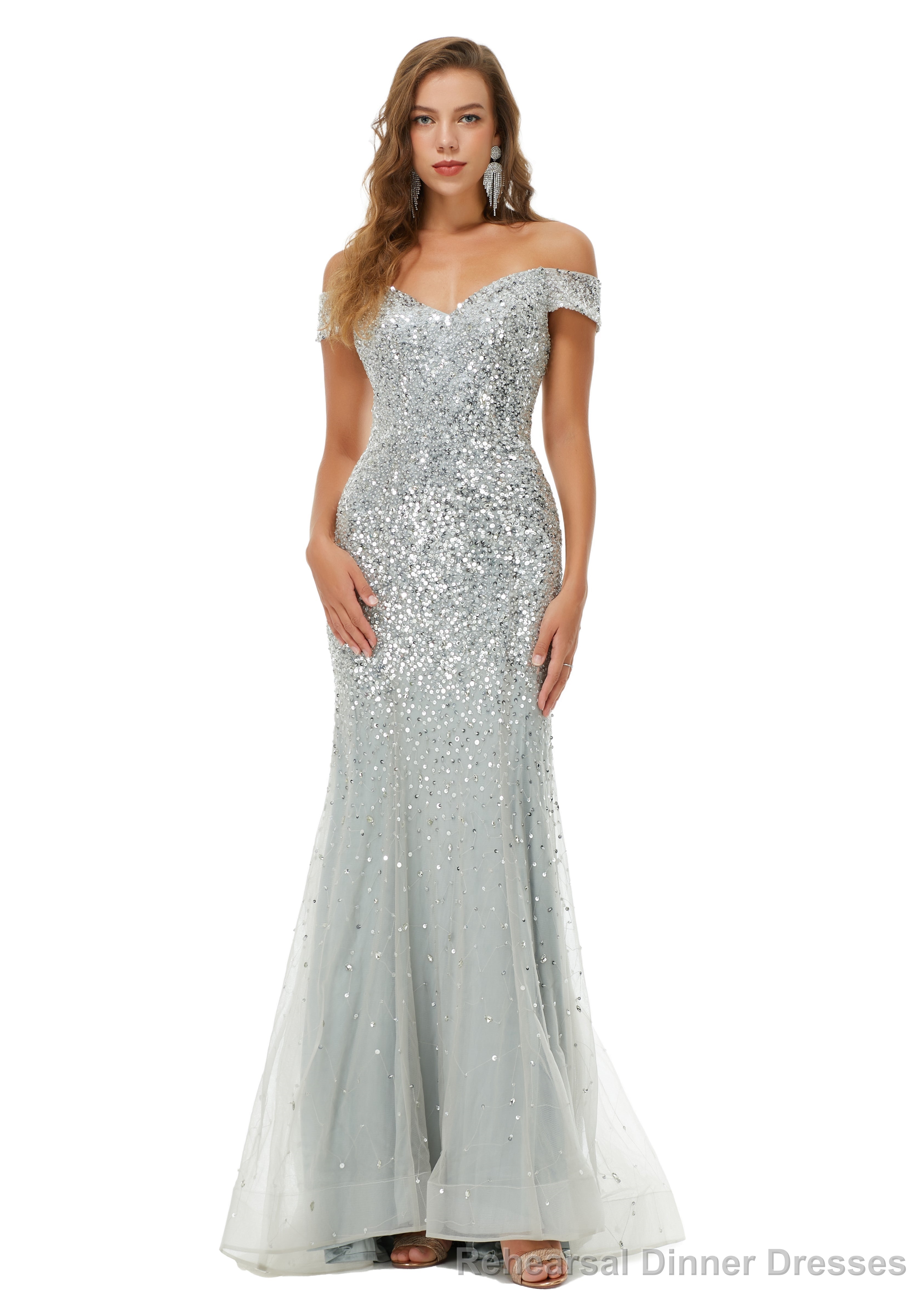 Off Shoulder Mermaid Evening Dresses, Luxurious Silver Bead Trumpet Formal Prom Dress Main image