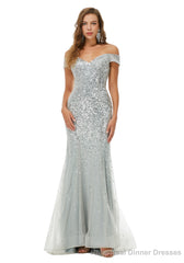 Off Shoulder Mermaid Evening Dresses, Luxurious Silver Bead Trumpet Formal Prom Dress