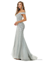 Off Shoulder Mermaid Evening Dresses, Luxurious Silver Bead Trumpet Formal Prom Dress