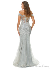 Off Shoulder Mermaid Evening Dresses, Luxurious Silver Bead Trumpet Formal Prom Dress