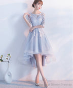 Gray Lace Tulle High Low Prom Dress Lace Evening Dress