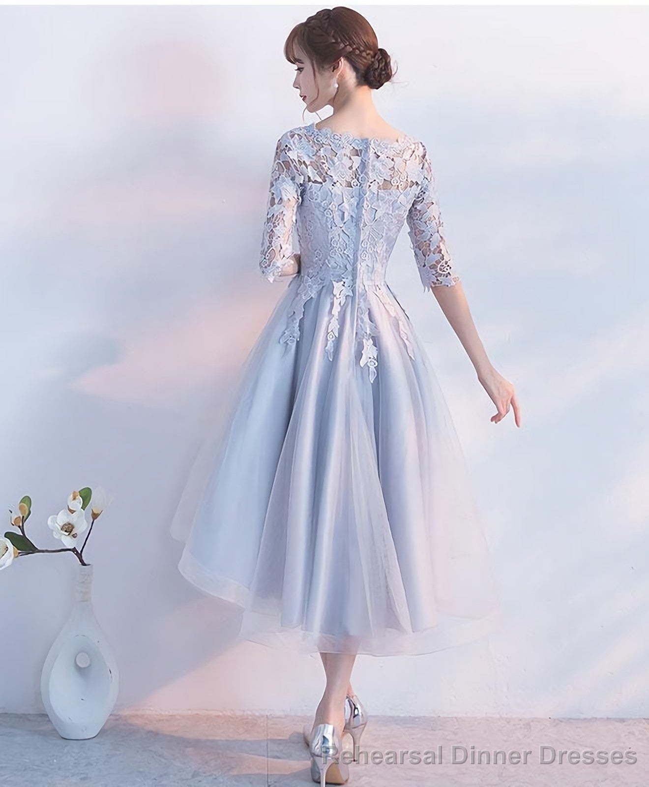 Gray Lace Tulle High Low Prom Dress Lace Evening Dress
