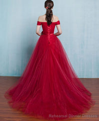 Red A Line Tulle Long Prom Gown Evening Dress