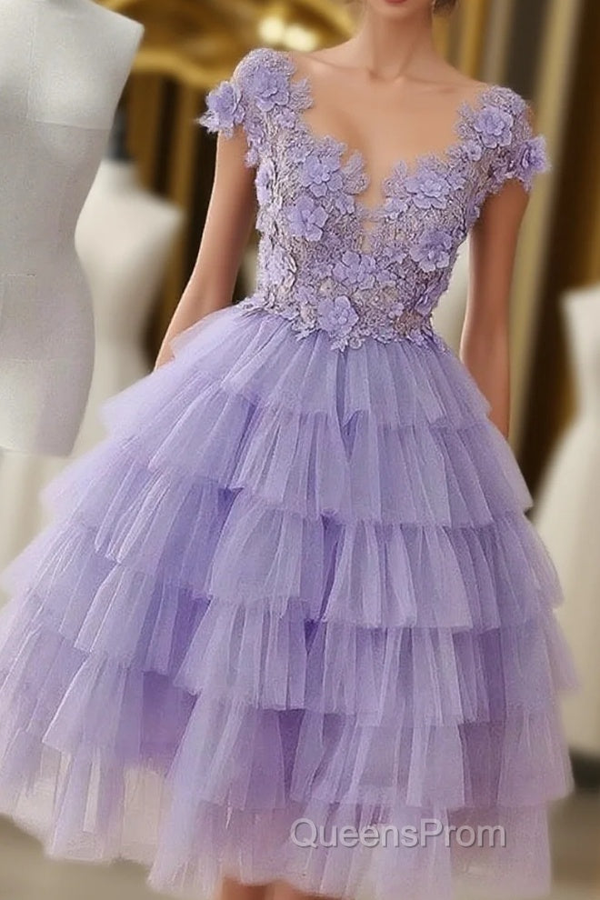 A-line Applique Lilac Tulle Short Homecoming Dress With Layered Main image