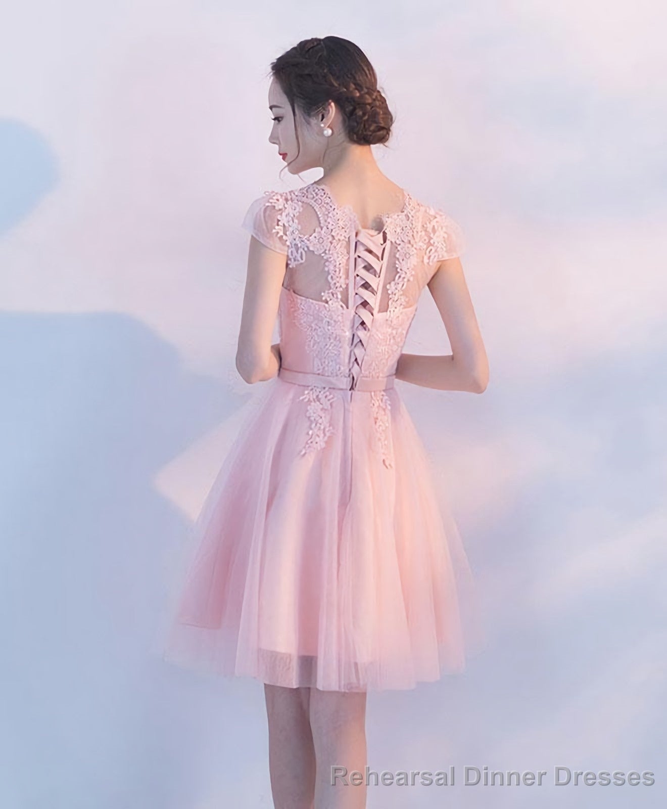 Pink A Line Tulle Lace Short Prom Dress Homecoming Dress 1