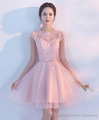 Pink A Line Tulle Lace Short Prom Dress Homecoming Dress 1