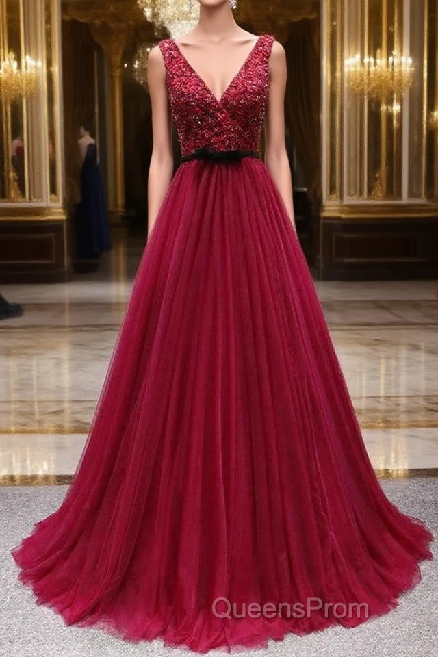 Elegant A-line V-neck Long Evening Prom Dress Tulle Appliques Beaded Formal Dress Main image