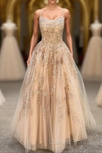 Hottest Elegant Spaghetti Straps Backless Lace Long Princess Evening Prom Dress For Teens