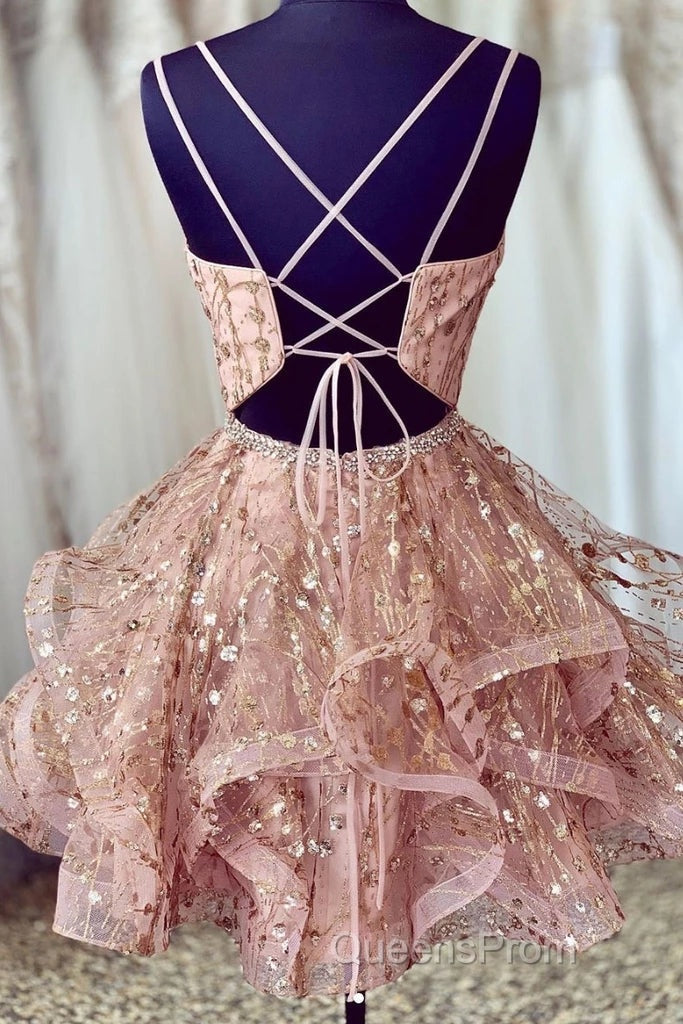 Cute Sequins Pink Homecoming Dress V-neck Beaded Short Evening Prom Dress Secondary image