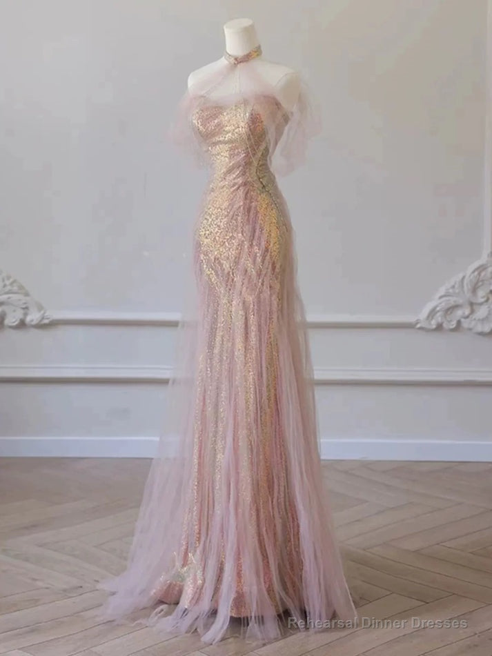 Sexy Mermaid Halter Pink Sequin Long Prom Dress Evening Dress Formal Dress