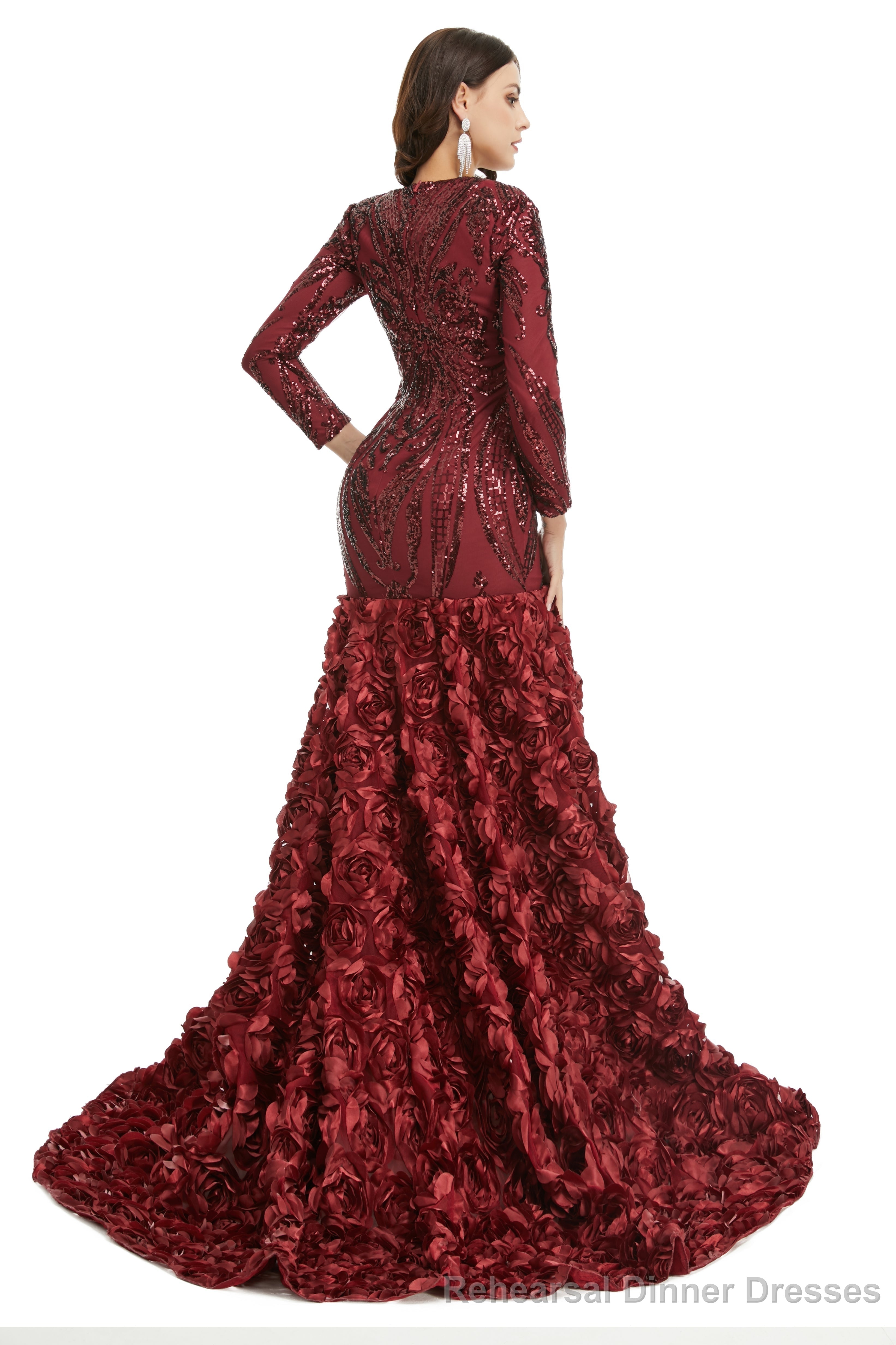 Prom Dress, Long V Neck Prom Gowns Full Sleeve Formal Dresses, Floor Length Dress